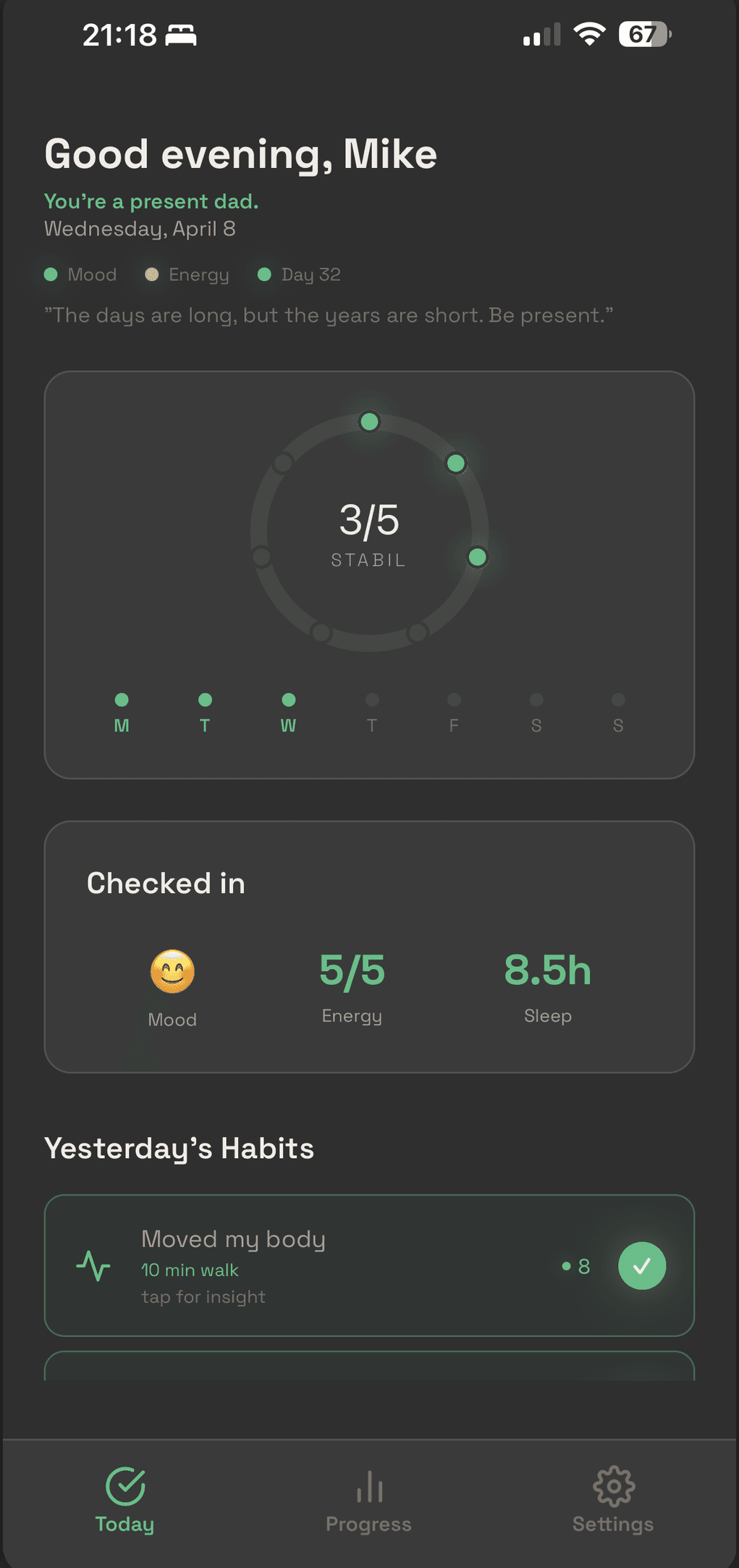 Stabil app: today view with daily check-in and habit list