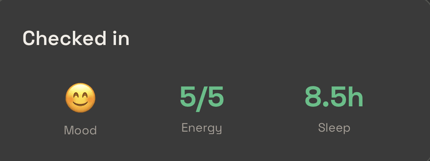Stabil check-in card: mood, 5/5 energy, 8.5 hours sleep